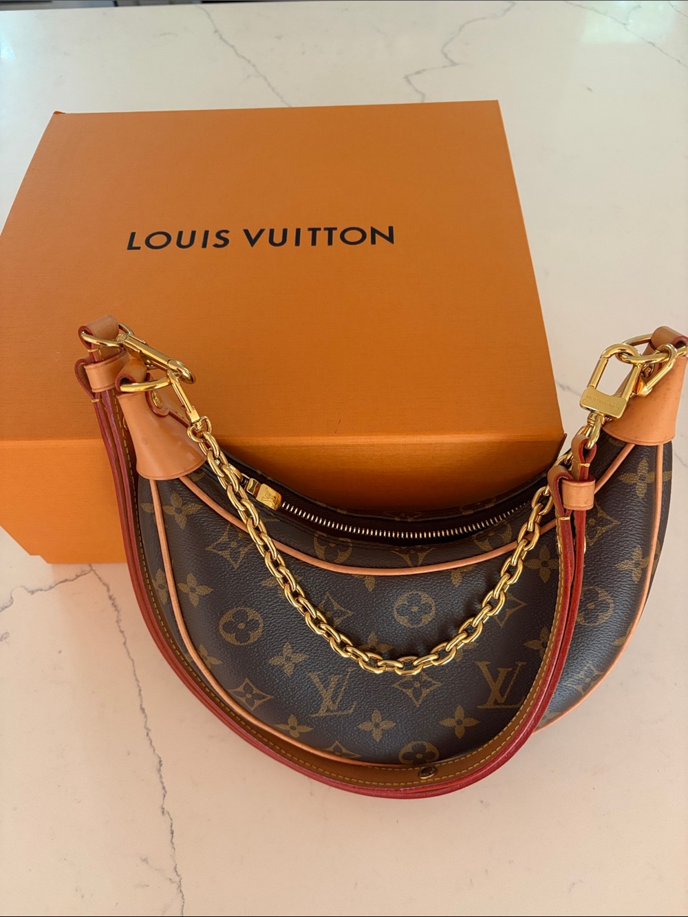 Louis Vuitton Brown Monogram loop Shoulder Bag with Gold Chain and Tan Trim